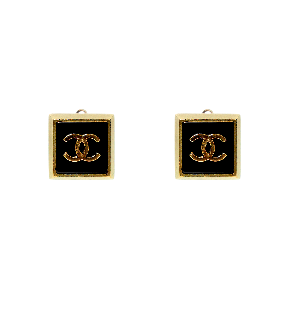 Chanel Black Square CC Gold Earrings