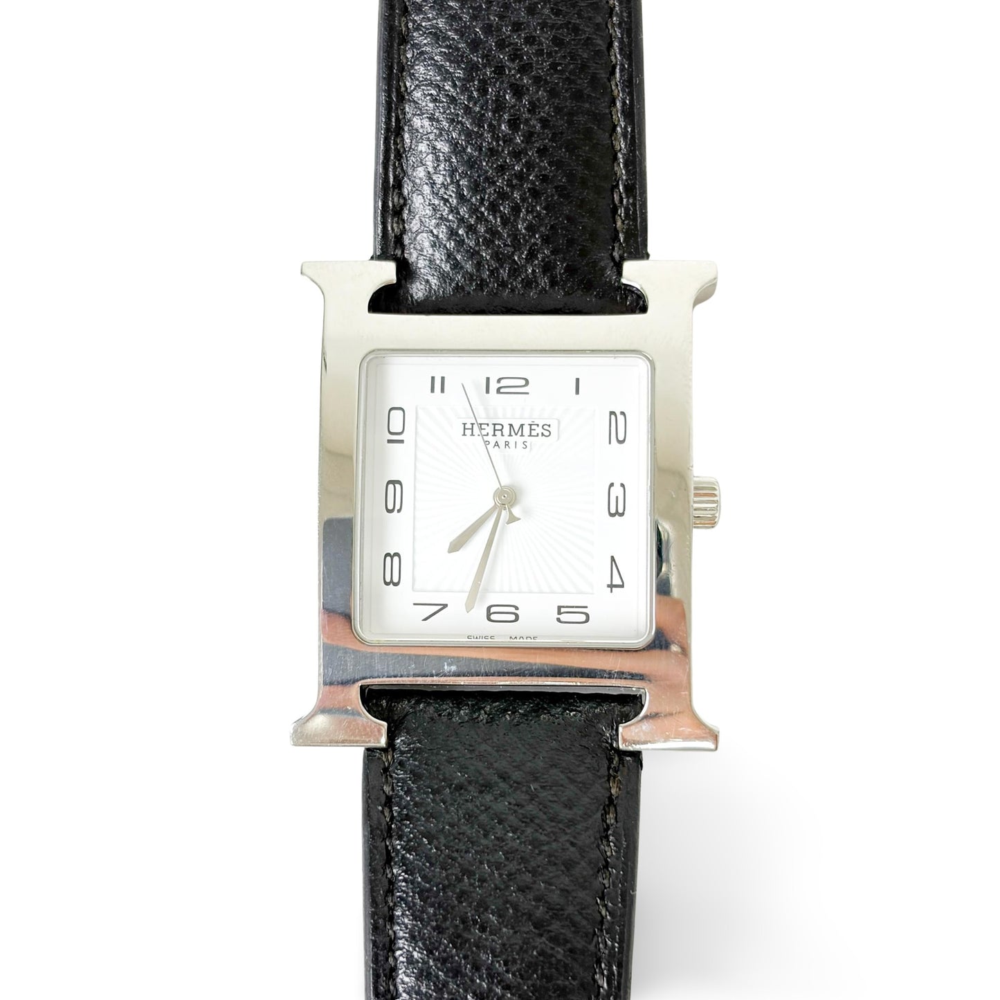 Hermès H-Hour MM Silver White Dial Black Strap
