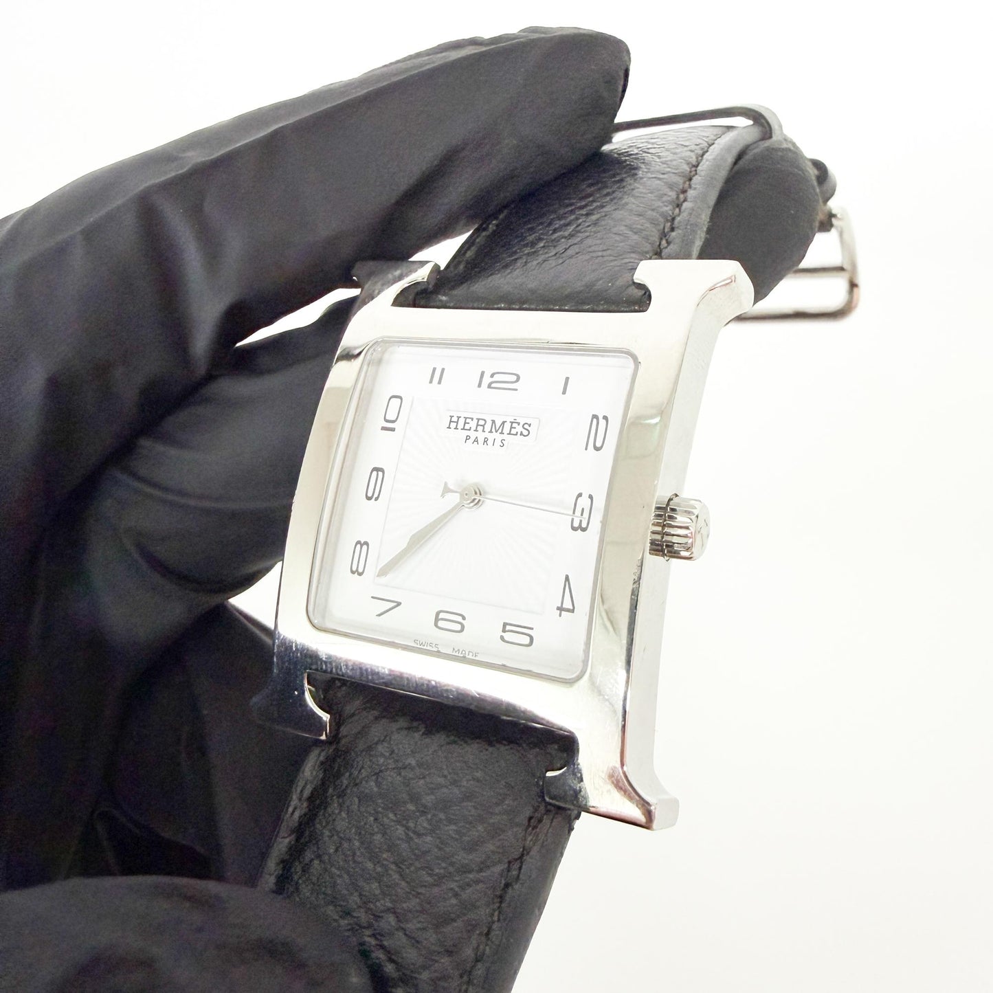 Hermès H-Hour MM Silver White Dial Black Strap