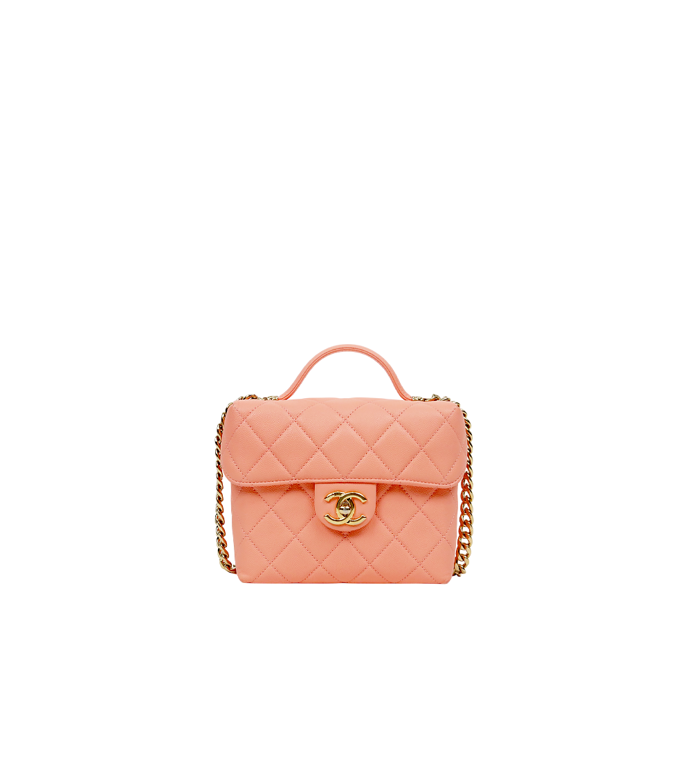 Chanel Coral Caviar Quilted CC Top-Handle Box Bag with Built-in Chip