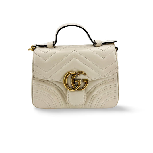 Gucci GG Marmont Mini Top Handle Bag White Gold Hardware