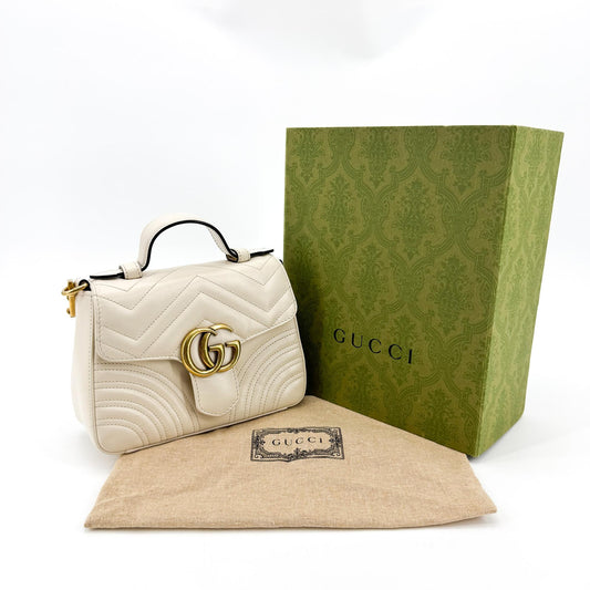 Gucci GG Marmont Mini Top Handle Bag White Gold Hardware