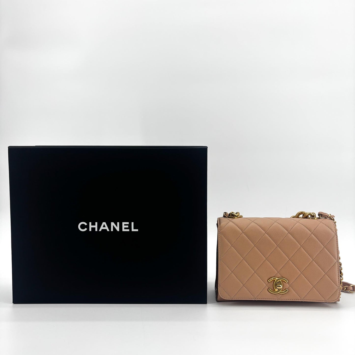 Chanel Matelassé Season Flap Bag Beige Vintage Gold Hardware
