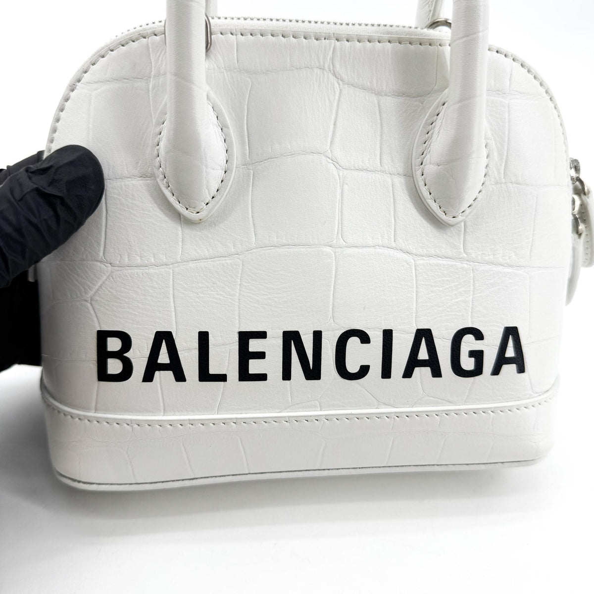 Balenciaga Bill Micro Top Handle Bag White Crocodile Embossed