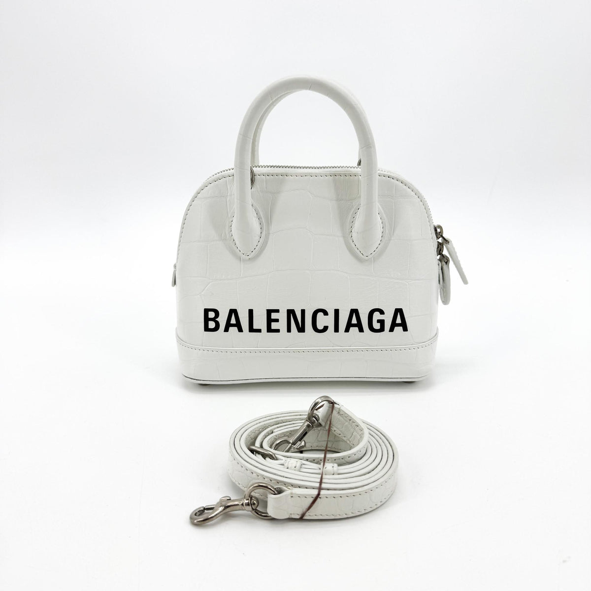 Balenciaga Bill Micro Top Handle Bag White Crocodile Embossed