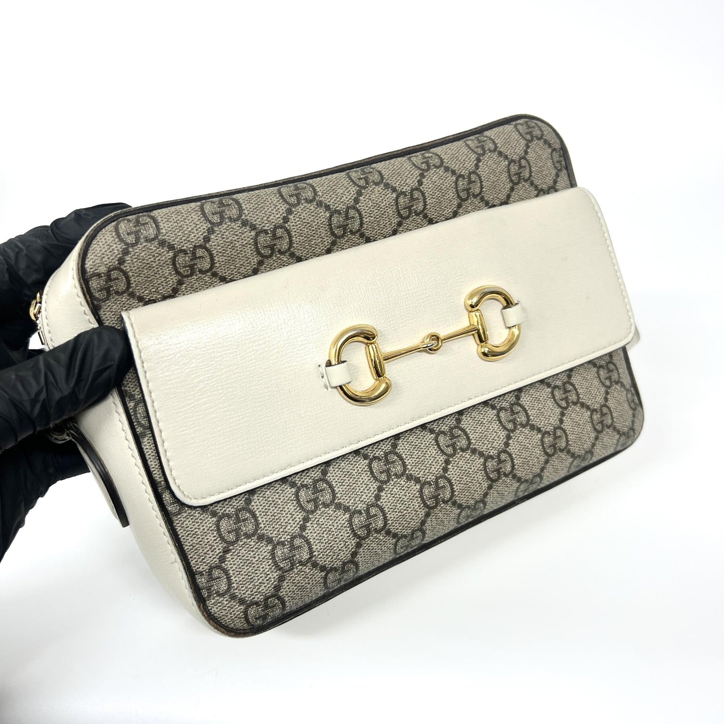 Gucci Horsebit 1955 Small Shoulder Bag White Leather GG Supreme