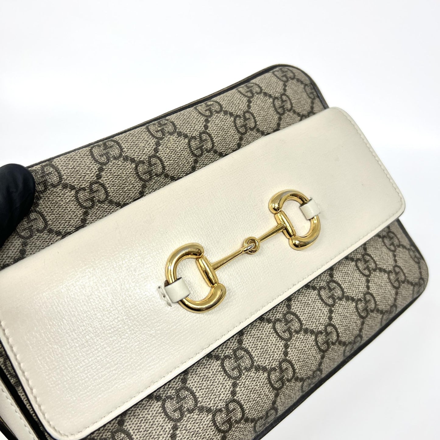 Gucci Horsebit 1955 Small Shoulder Bag White Leather GG Supreme