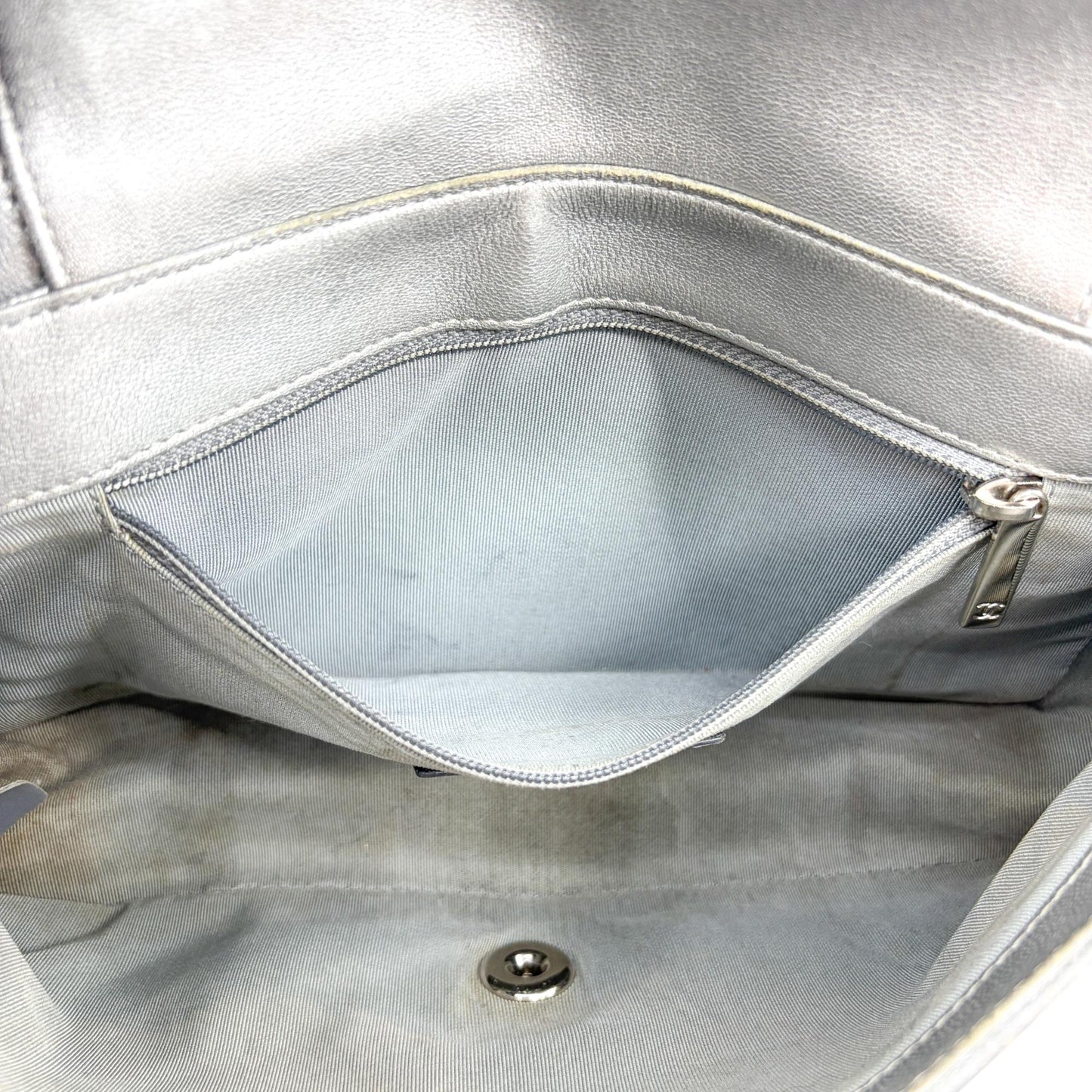 Chanel Chevron V-Stitch Metallic Flap Bag Silver Hardware