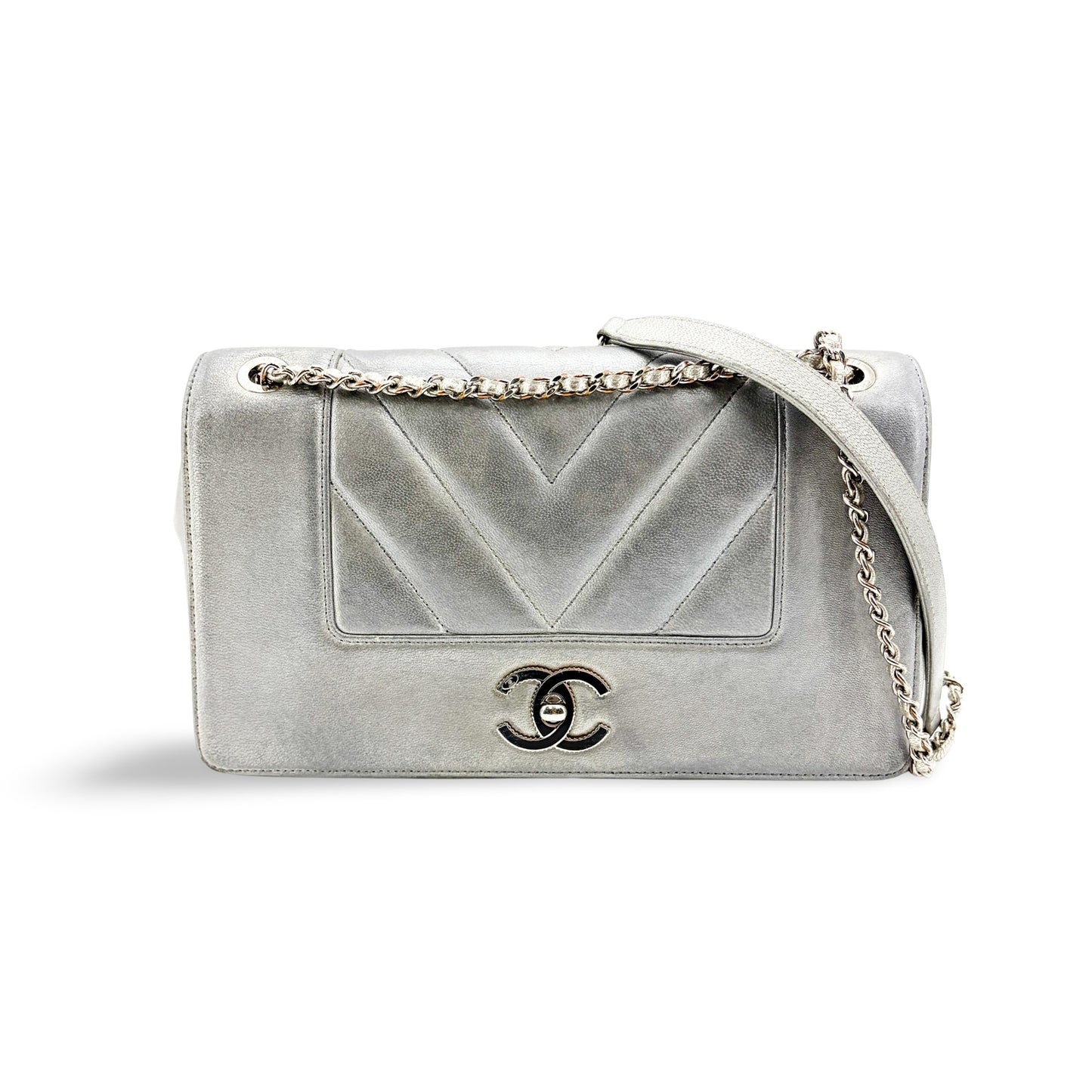 Chanel Chevron V-Stitch Metallic Flap Bag Silver Hardware