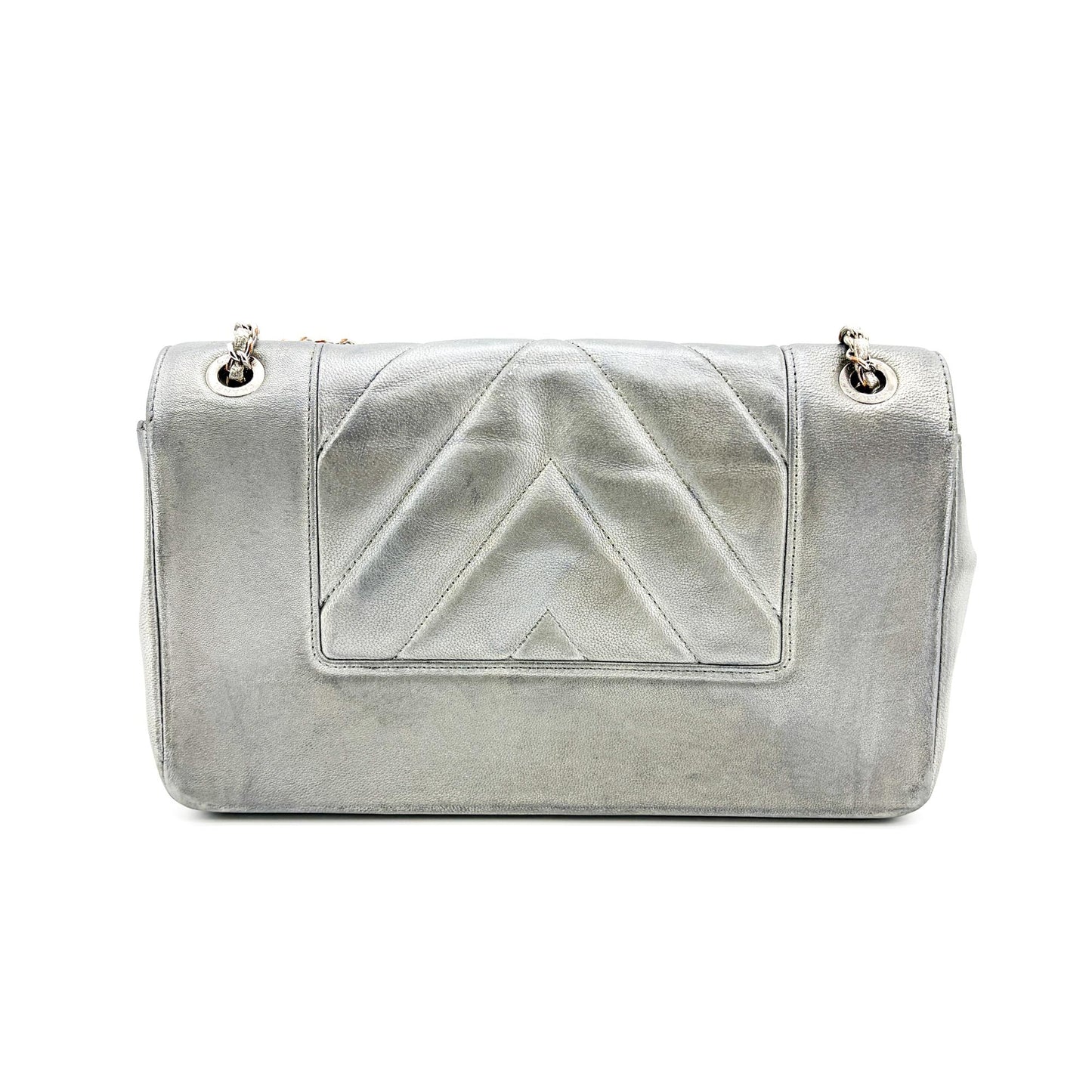 Chanel Chevron V-Stitch Metallic Flap Bag Silver Hardware