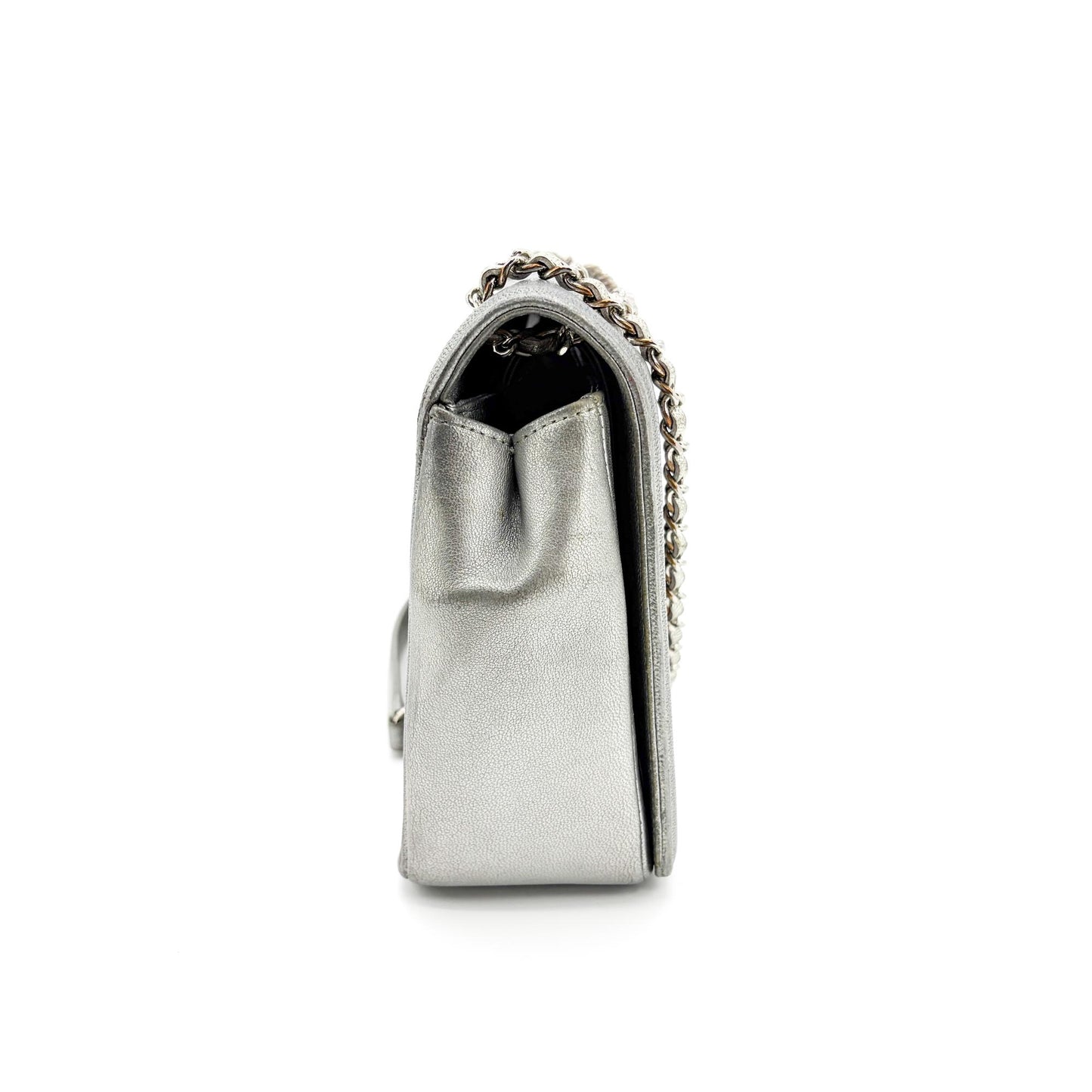Chanel Chevron V-Stitch Metallic Flap Bag Silver Hardware