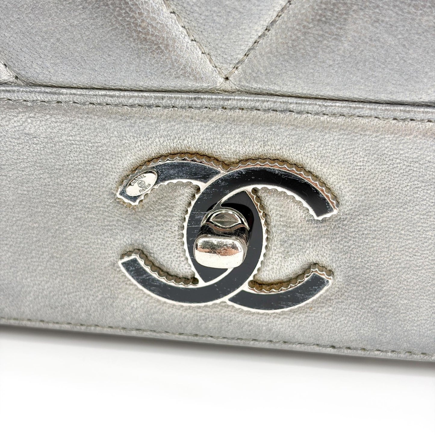 Chanel Chevron V-Stitch Metallic Flap Bag Silver Hardware