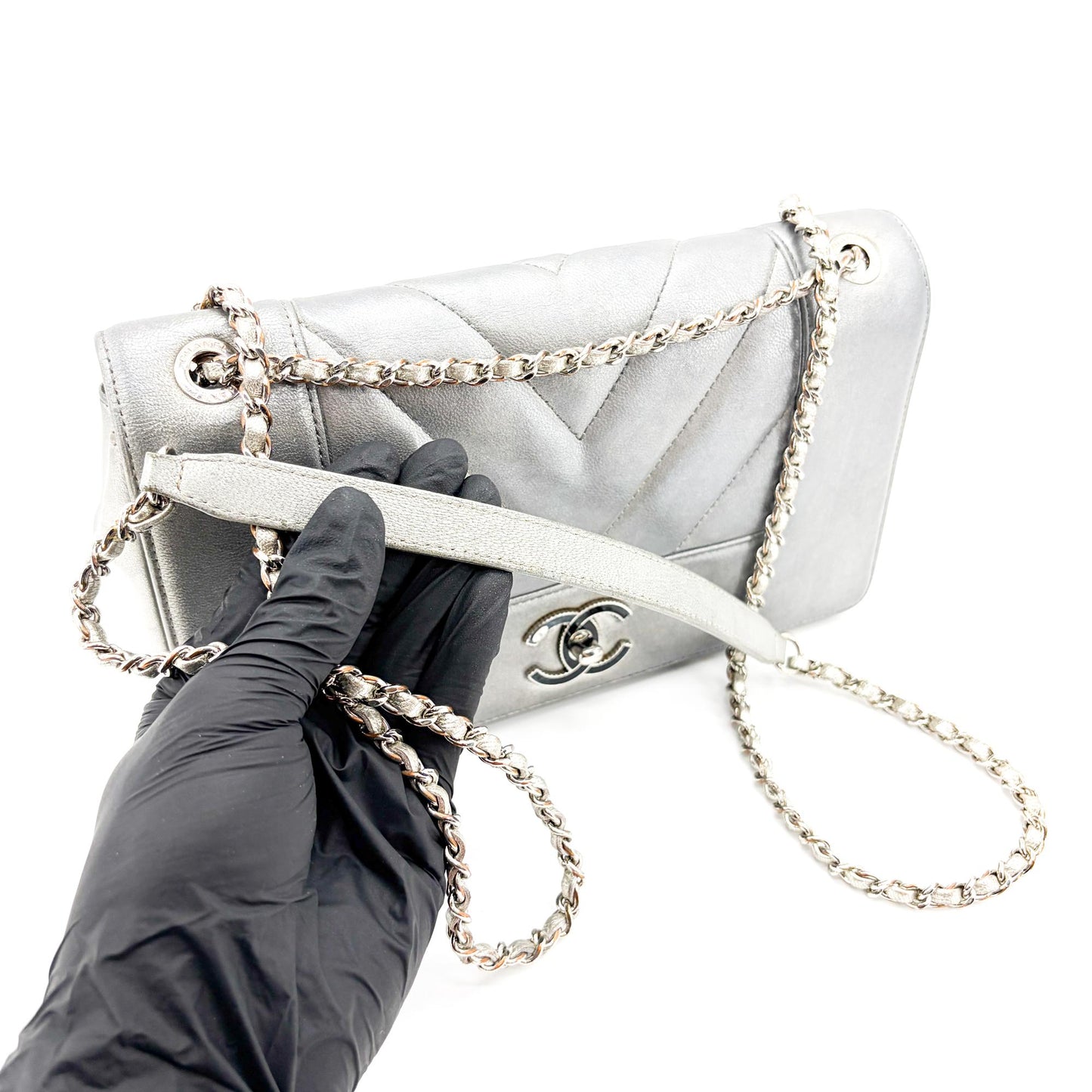 Chanel Chevron V-Stitch Metallic Flap Bag Silver Hardware