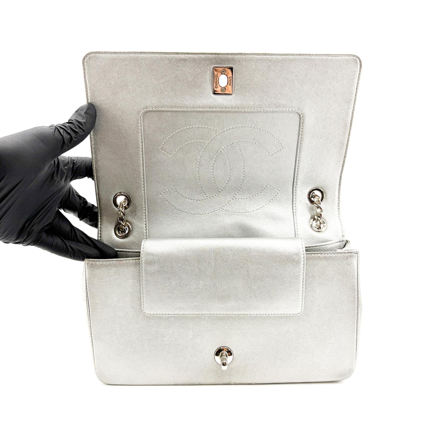 Chanel Chevron V-Stitch Metallic Flap Bag Silver Hardware