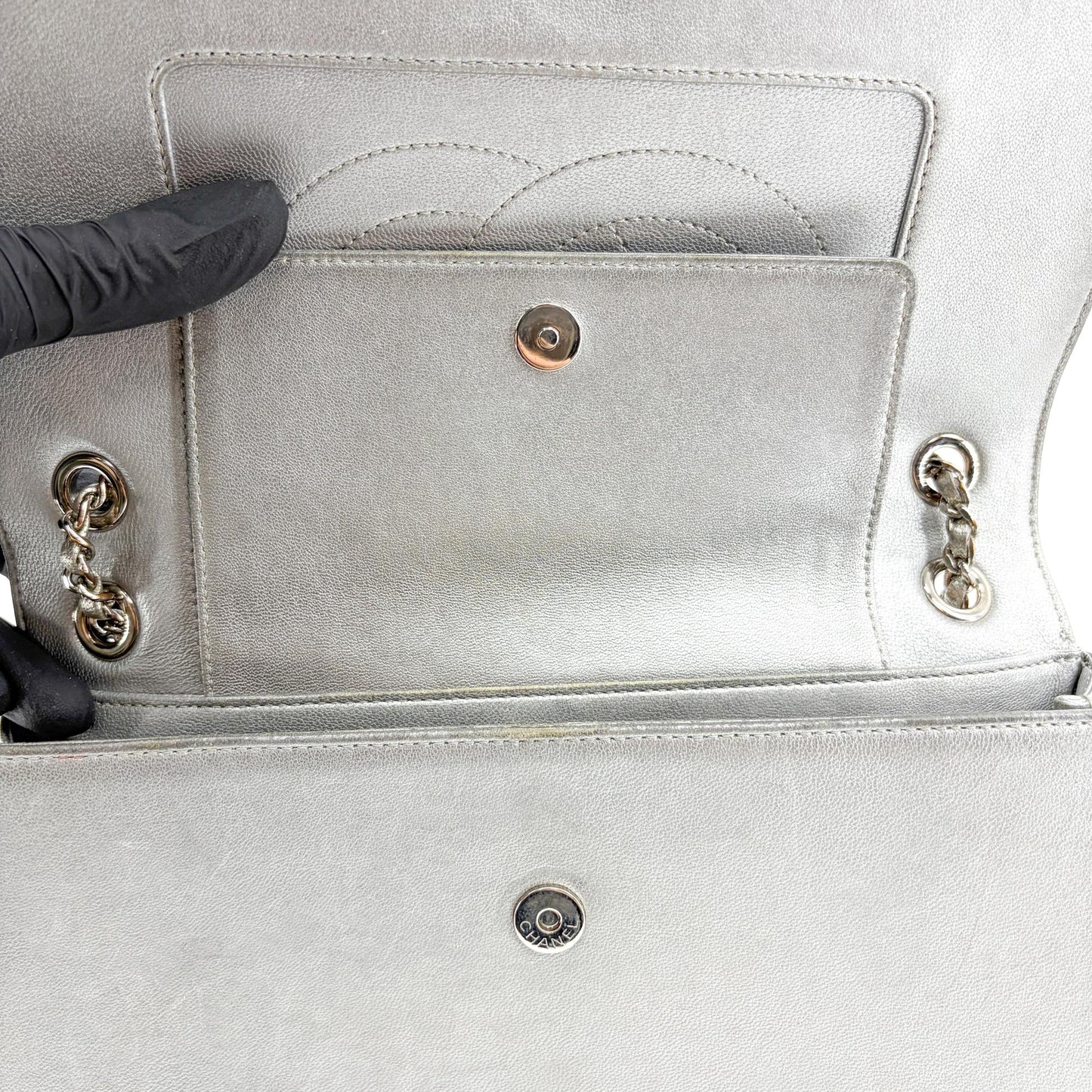 Chanel Chevron V-Stitch Metallic Flap Bag Silver Hardware