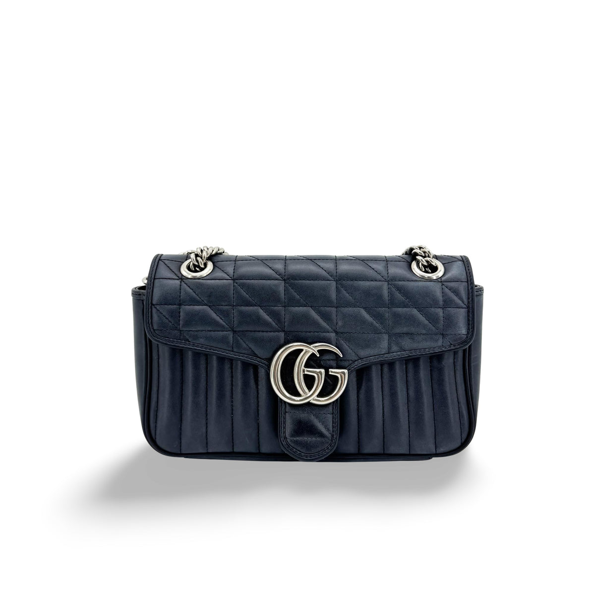 Gucci GG Marmont Matelassé Chain Shoulder Bag Navy Silver Hardware