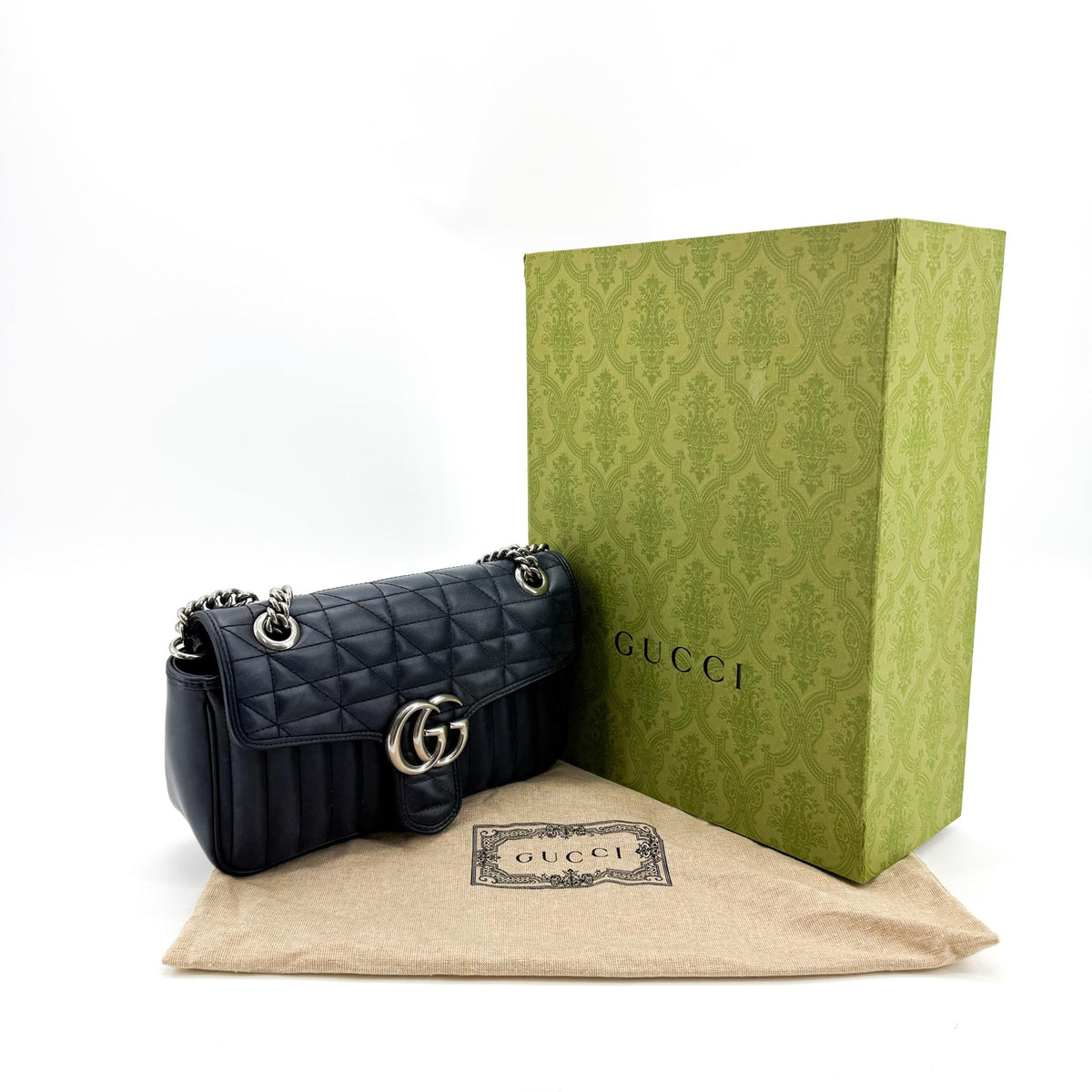 Gucci GG Marmont Matelassé Chain Shoulder Bag Navy Silver Hardware