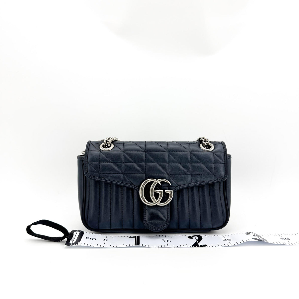 Gucci GG Marmont Matelassé Chain Shoulder Bag Navy Silver Hardware