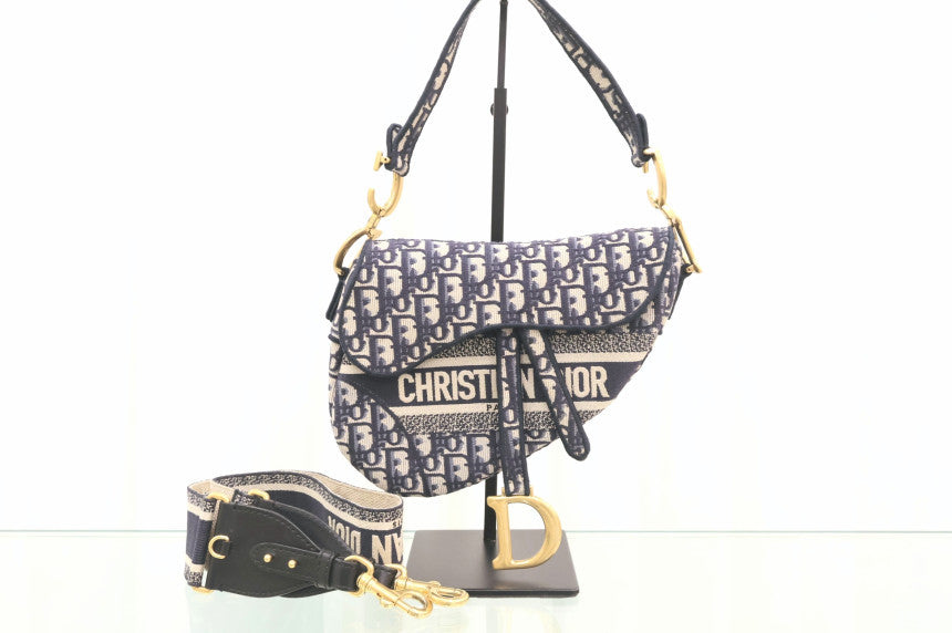 Oblique Embroidered Saddle Shoulder Bag with Additional Strap