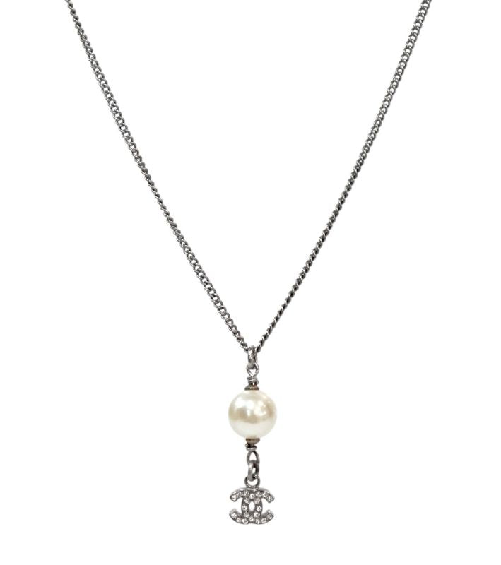 Chanel Pearl Drop CC Silver Necklace