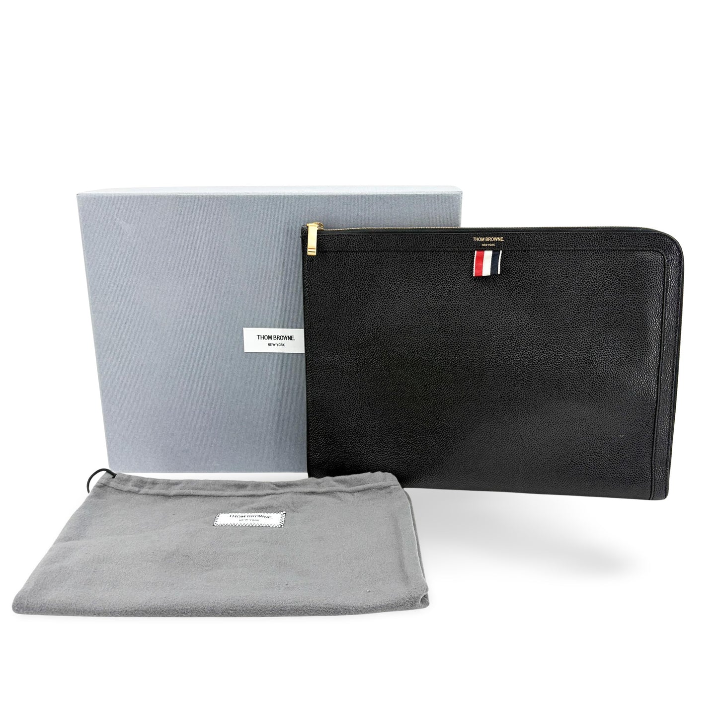 Thom Browne Black Pebble Grain Leather Large Zipper Document Holder