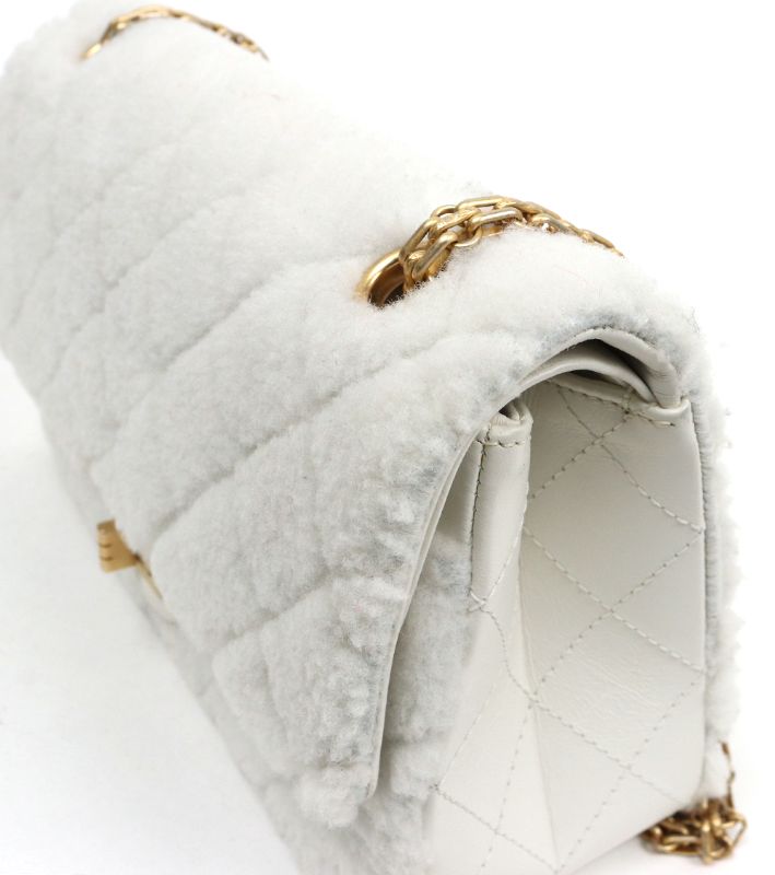 Chanel 2.55 Medium White Shearling Shoulder Bag 30s