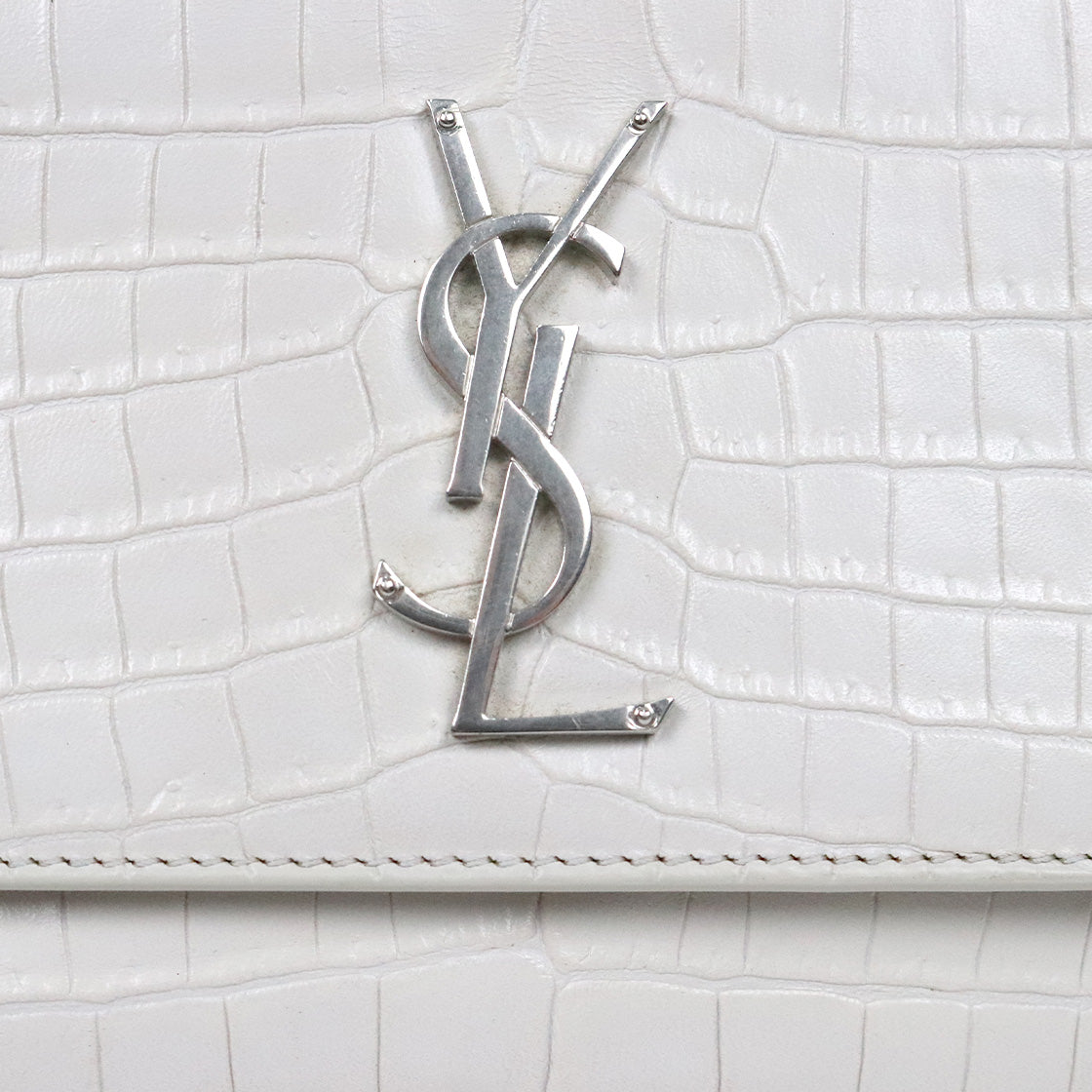 Saint Laurent White Crocodile-Embossed Sunset Shoulder Bag