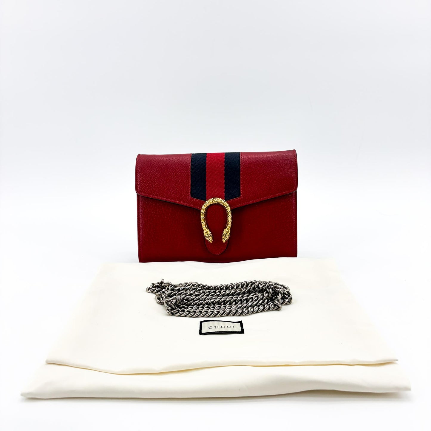 Gucci Dionysus Web Stripe Leather Chain Wallet Red