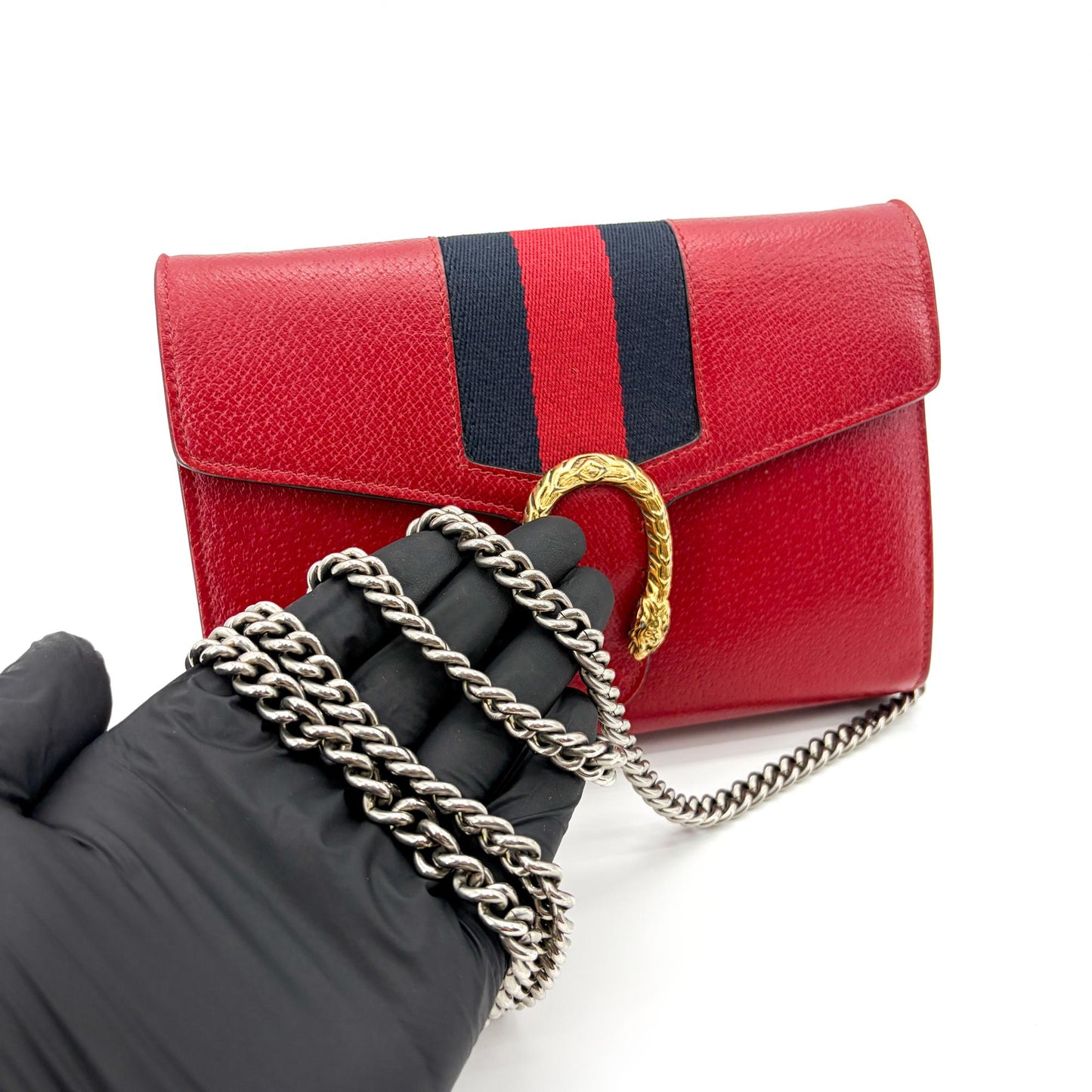 Gucci Dionysus Web Stripe Leather Chain Wallet Red