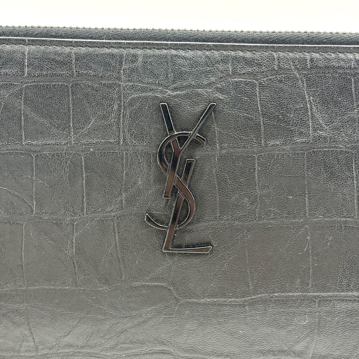 Saint Laurent Monogram Document Case Crocodile Embossed Black