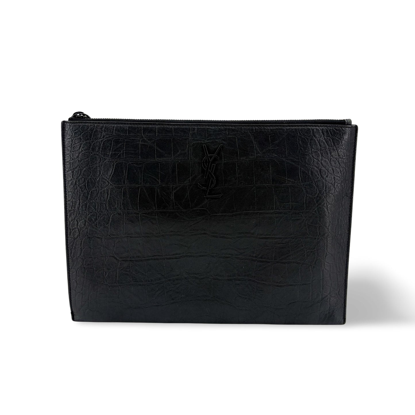 Saint Laurent Monogram Document Case Crocodile Embossed Black