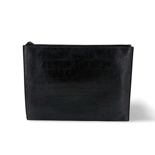 Saint Laurent Monogram Document Case Crocodile Embossed Black