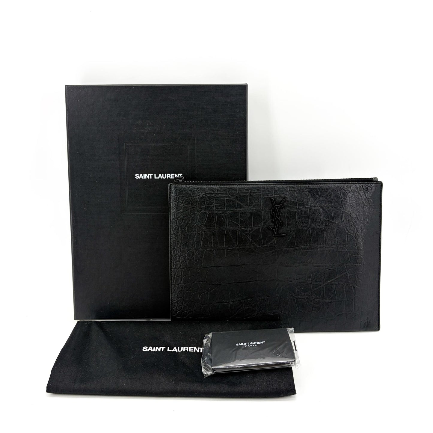 Saint Laurent Monogram Document Case Crocodile Embossed Black