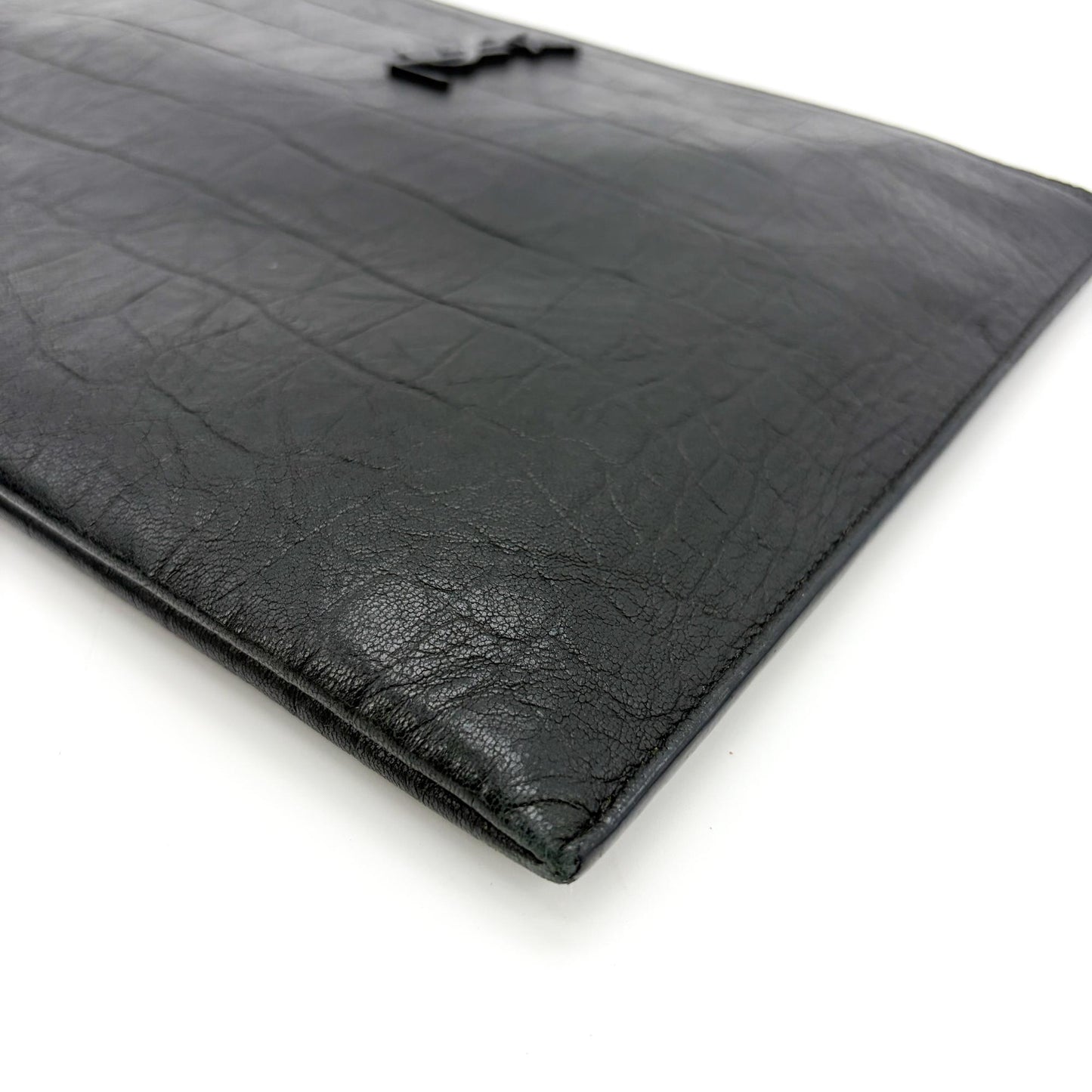 Saint Laurent Monogram Document Case Crocodile Embossed Black