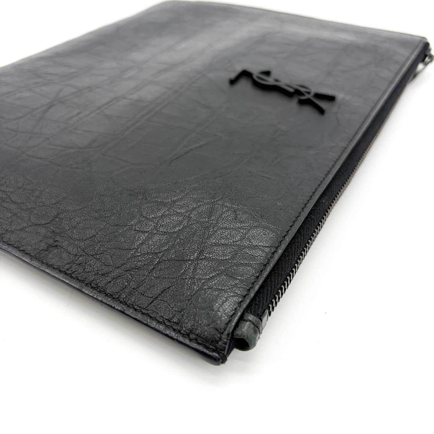 Saint Laurent Monogram Document Case Crocodile Embossed Black