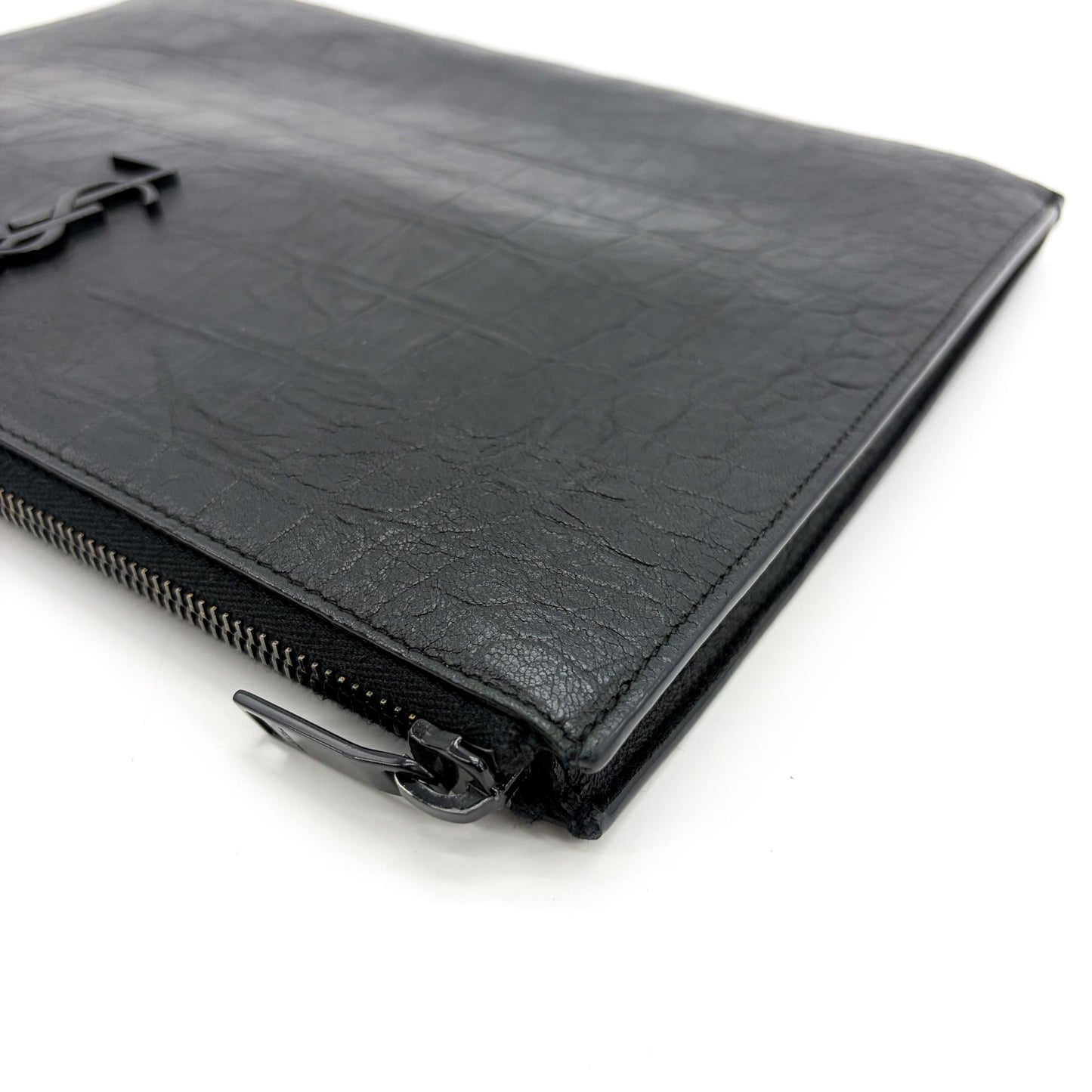 Saint Laurent Monogram Document Case Crocodile Embossed Black