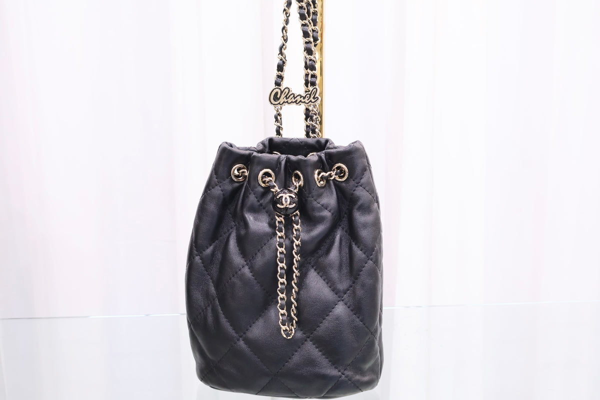 Lambskin Chain Bucket Backpack Black AS4810