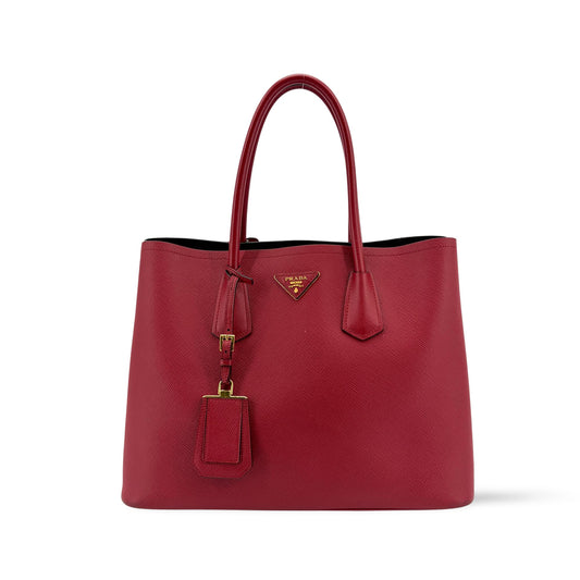 Prada Saffiano Double Tote Bag Red with Gold Hardware