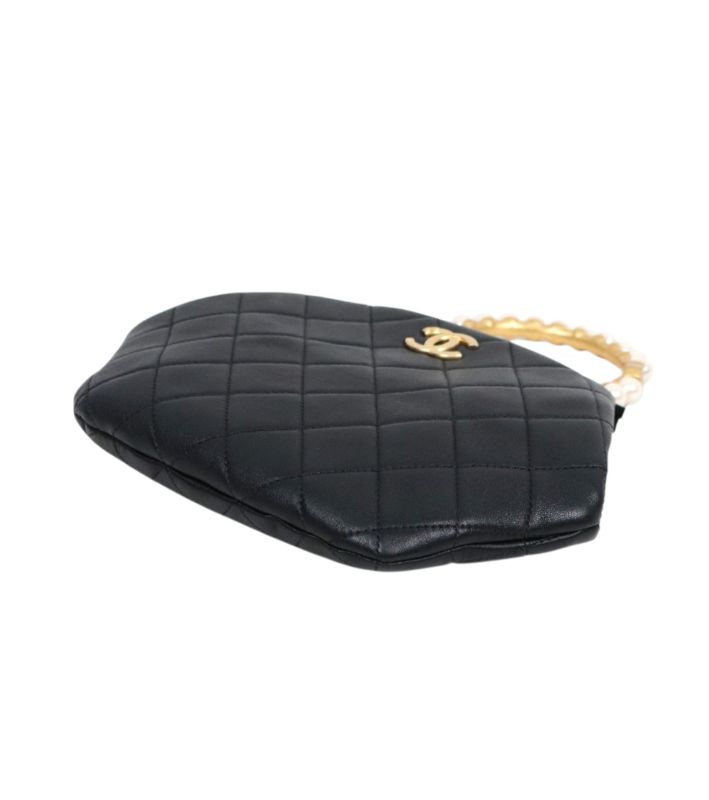 Chanel Black Leather Pearl-Handle Pouch