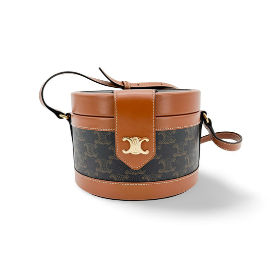 Celine Triomphe Canvas and Calfskin Medium Tambour Bag Tan
