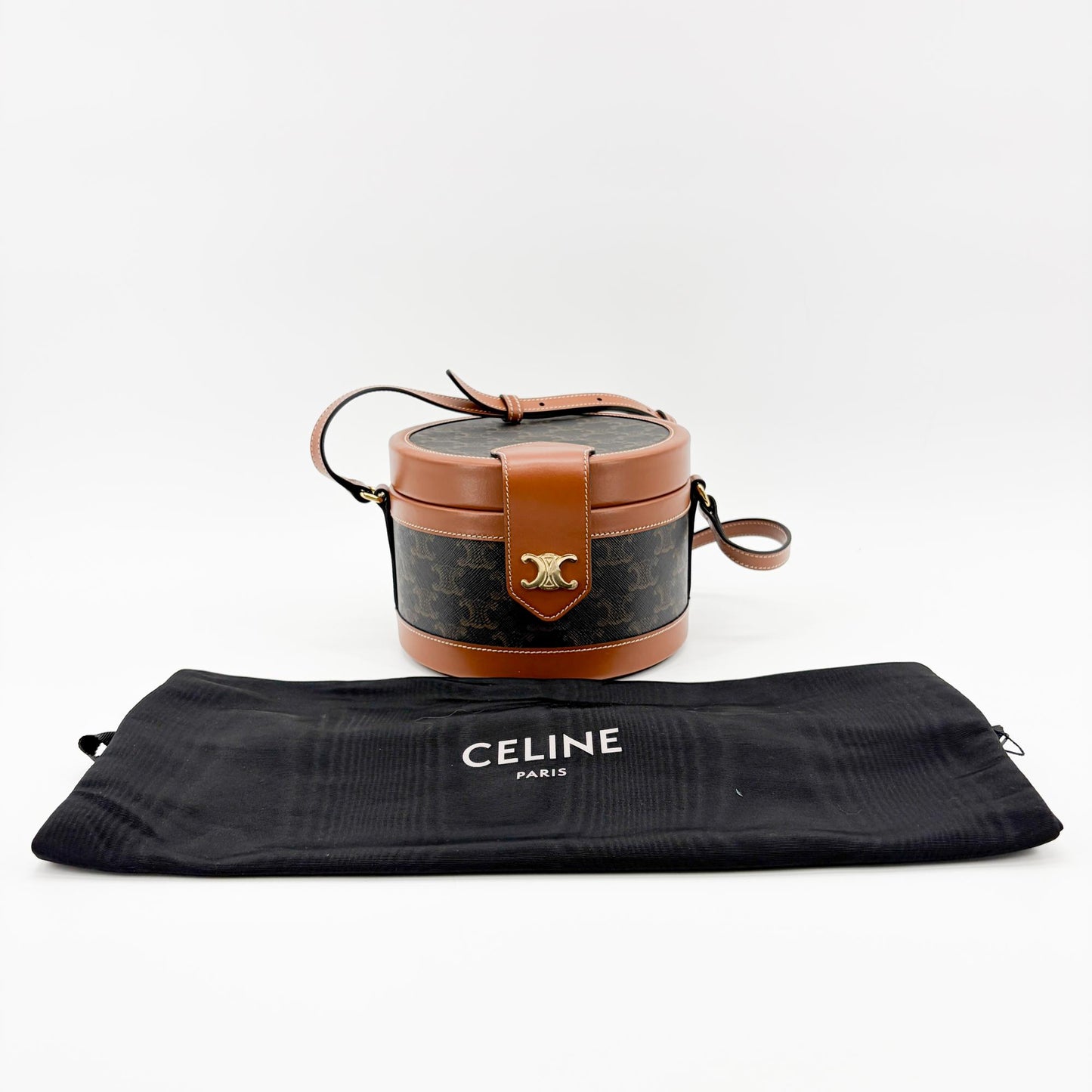 Celine Triomphe Canvas and Calfskin Medium Tambour Bag Tan