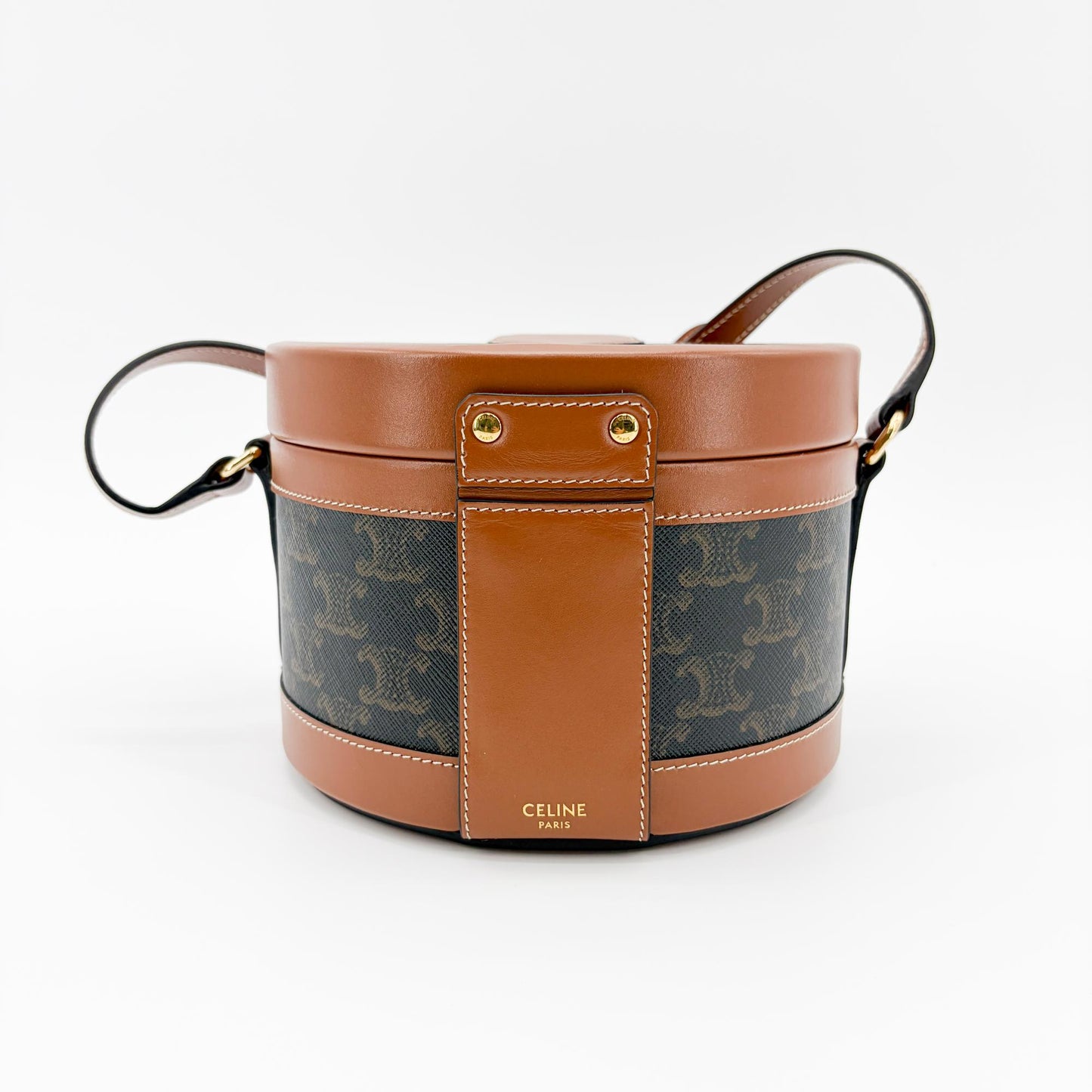 Celine Triomphe Canvas and Calfskin Medium Tambour Bag Tan