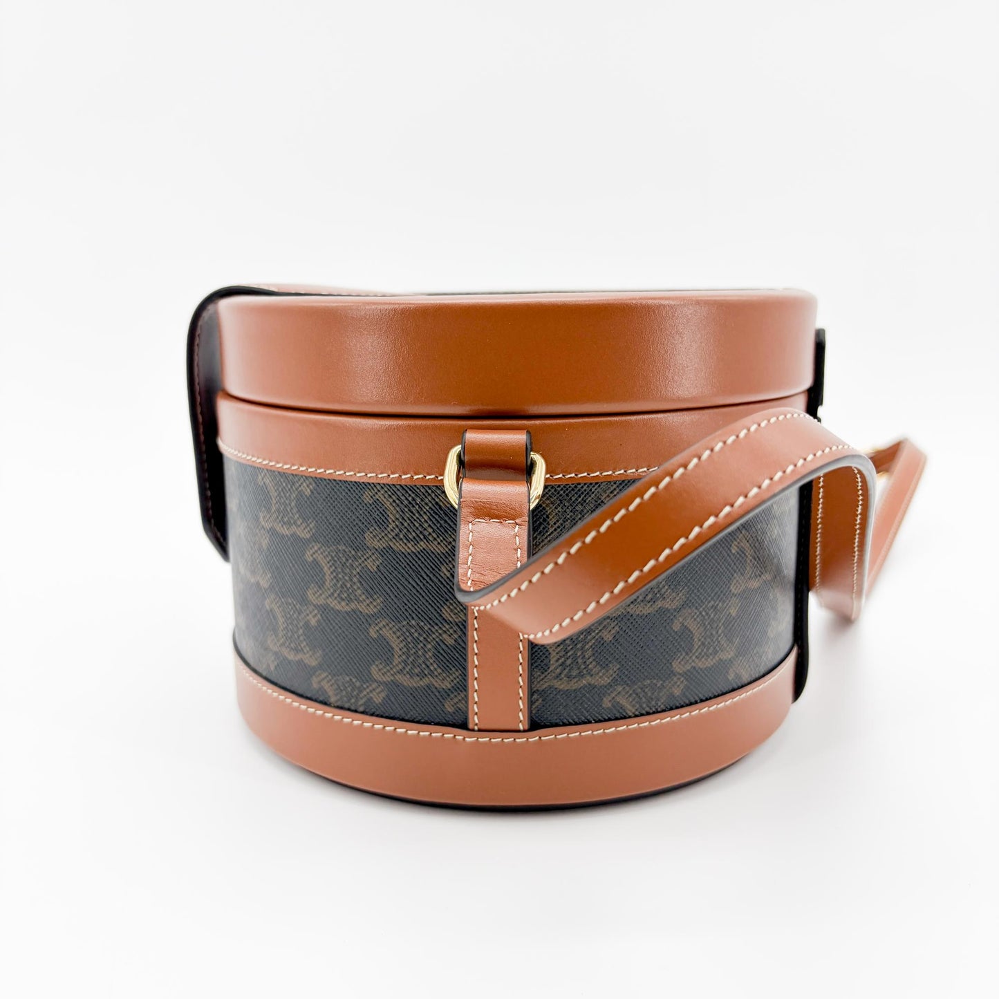 Celine Triomphe Canvas and Calfskin Medium Tambour Bag Tan