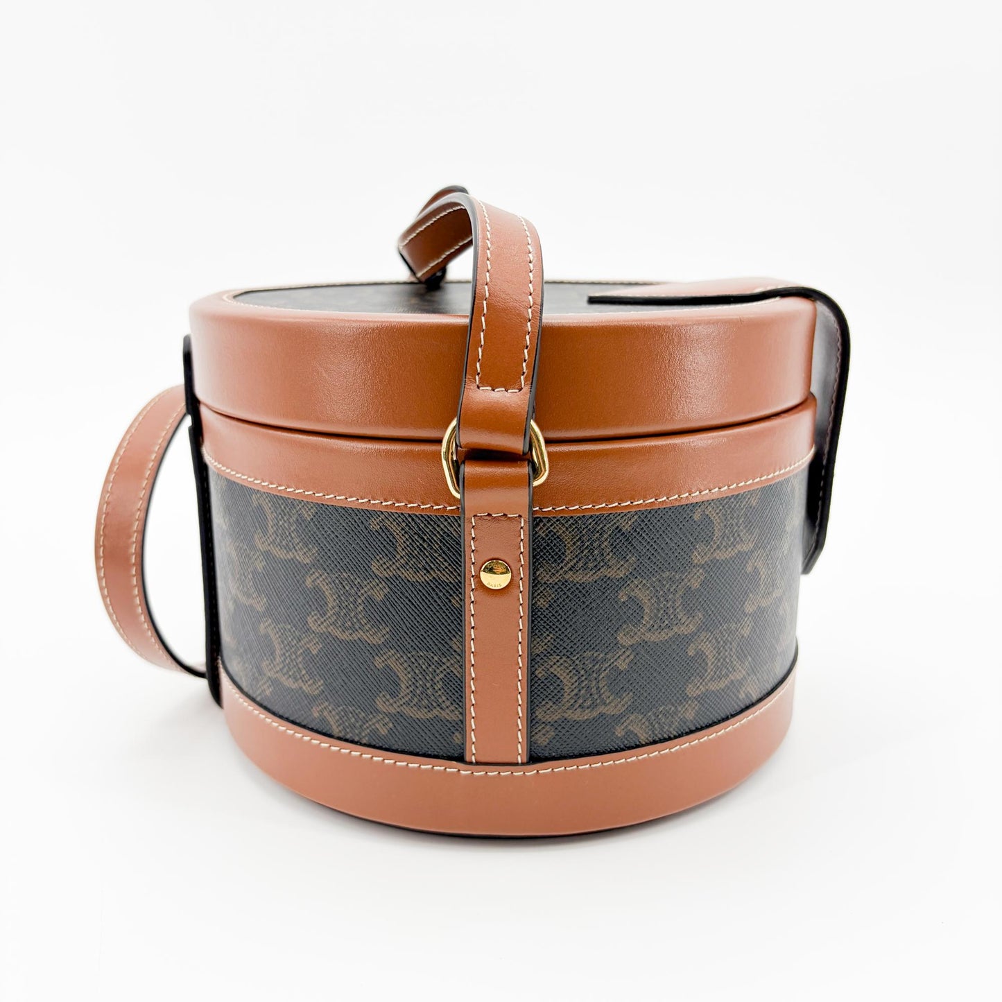 Celine Triomphe Canvas and Calfskin Medium Tambour Bag Tan