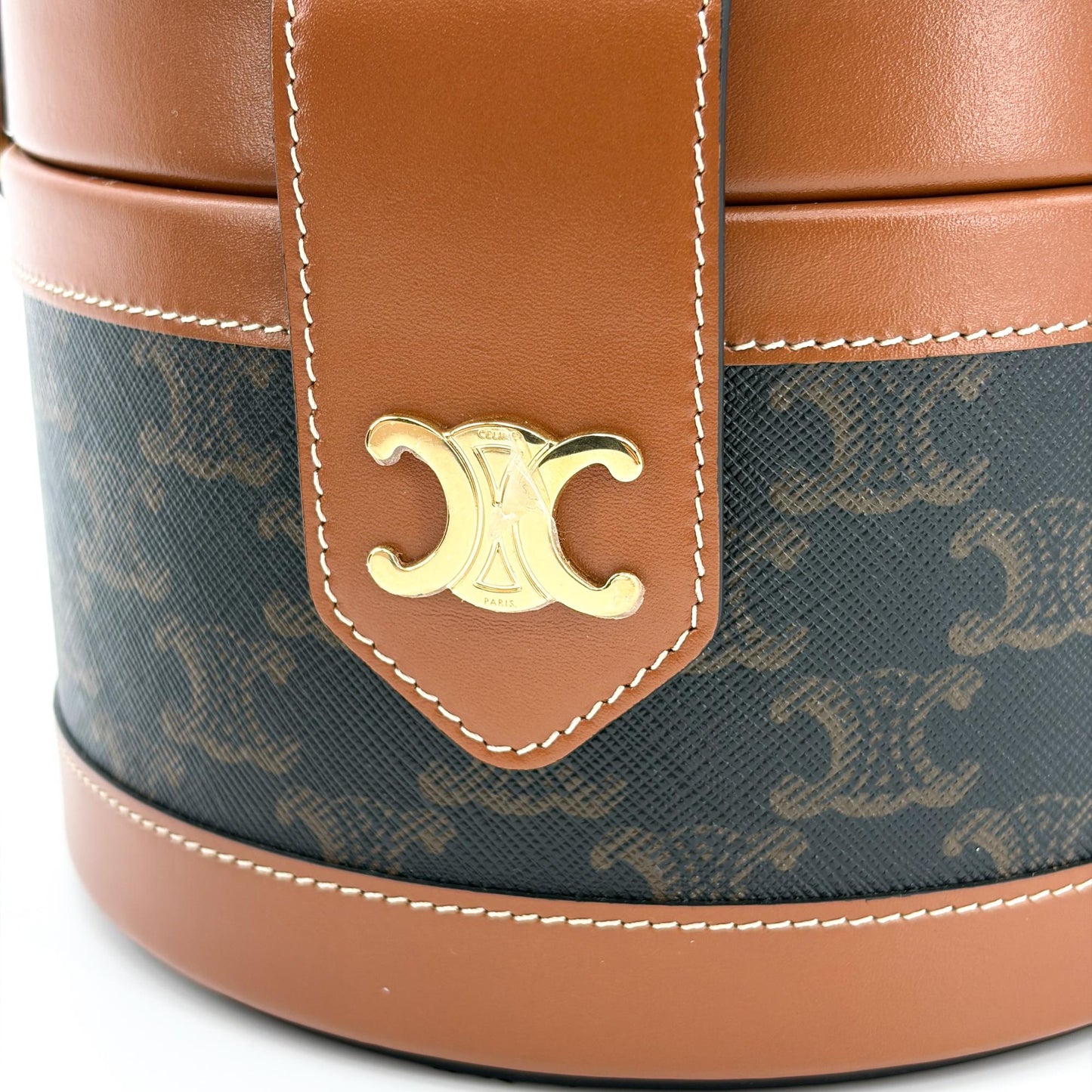 Celine Triomphe Canvas and Calfskin Medium Tambour Bag Tan