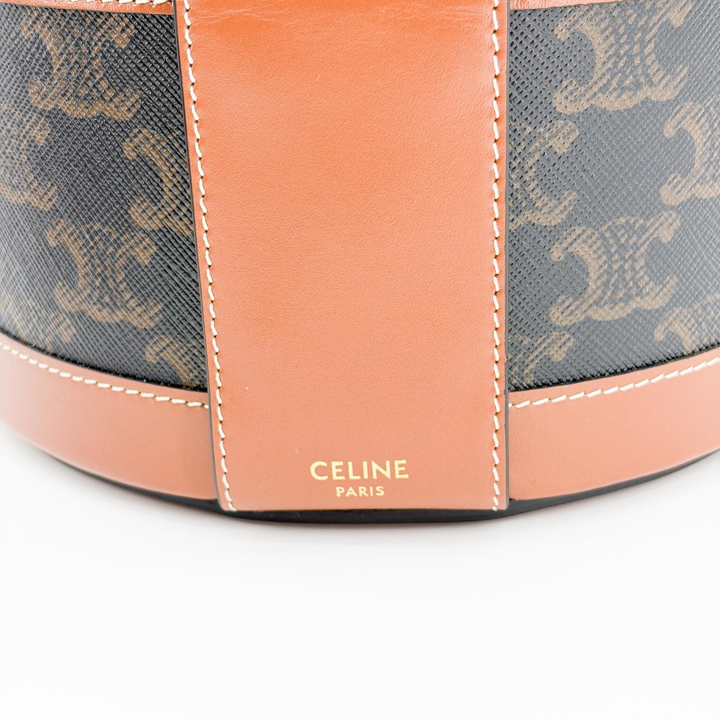 Celine Triomphe Canvas and Calfskin Medium Tambour Bag Tan