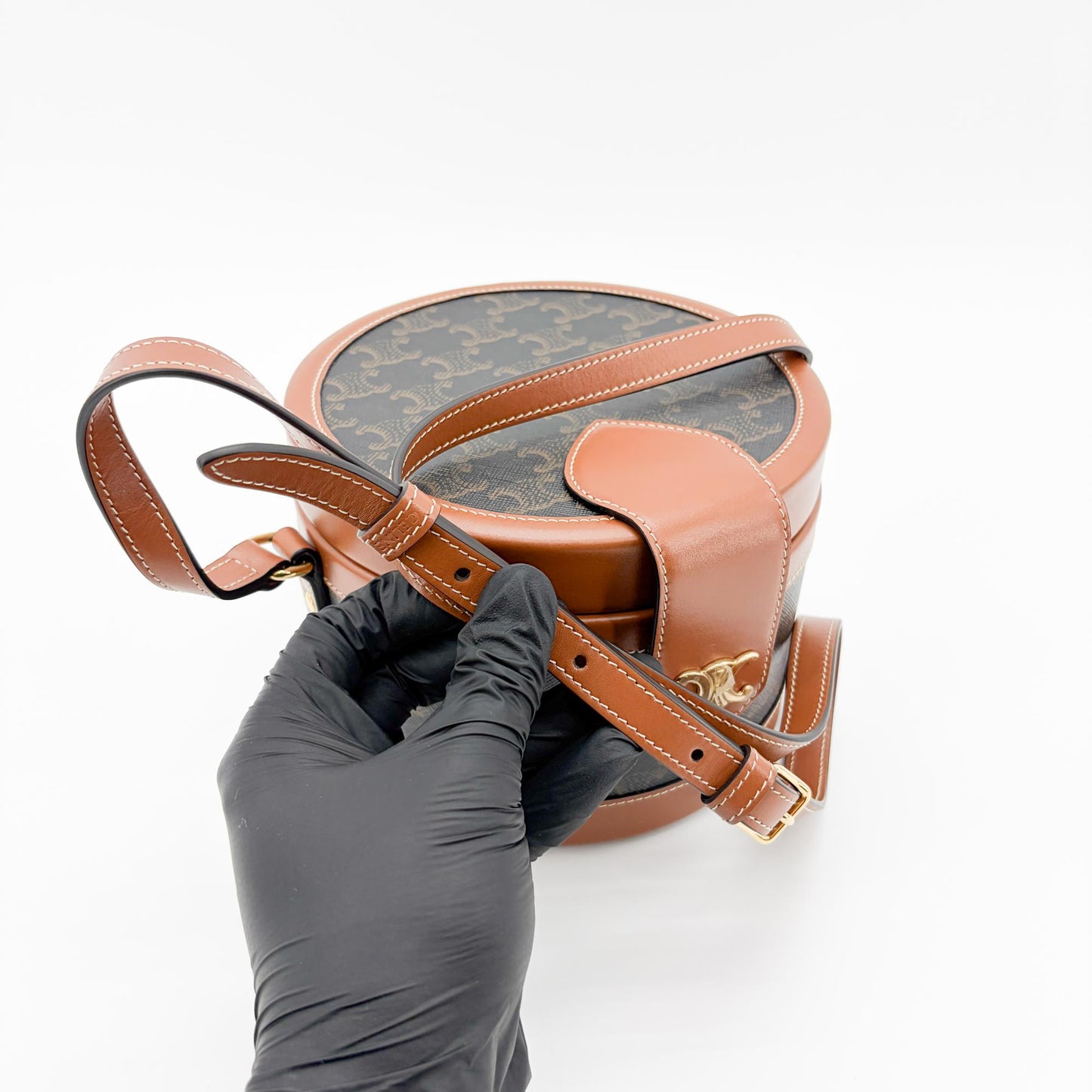 Celine Triomphe Canvas and Calfskin Medium Tambour Bag Tan