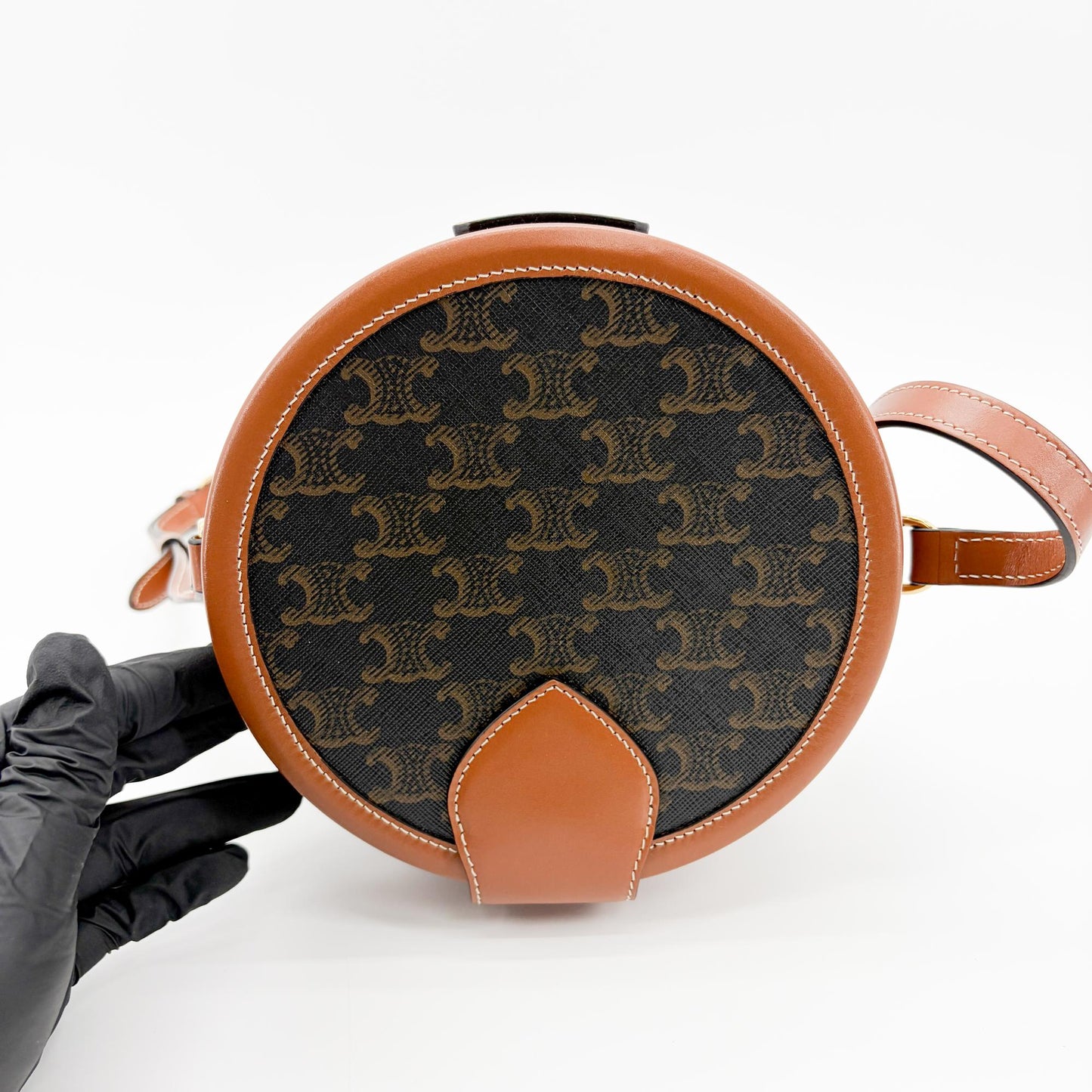 Celine Triomphe Canvas and Calfskin Medium Tambour Bag Tan