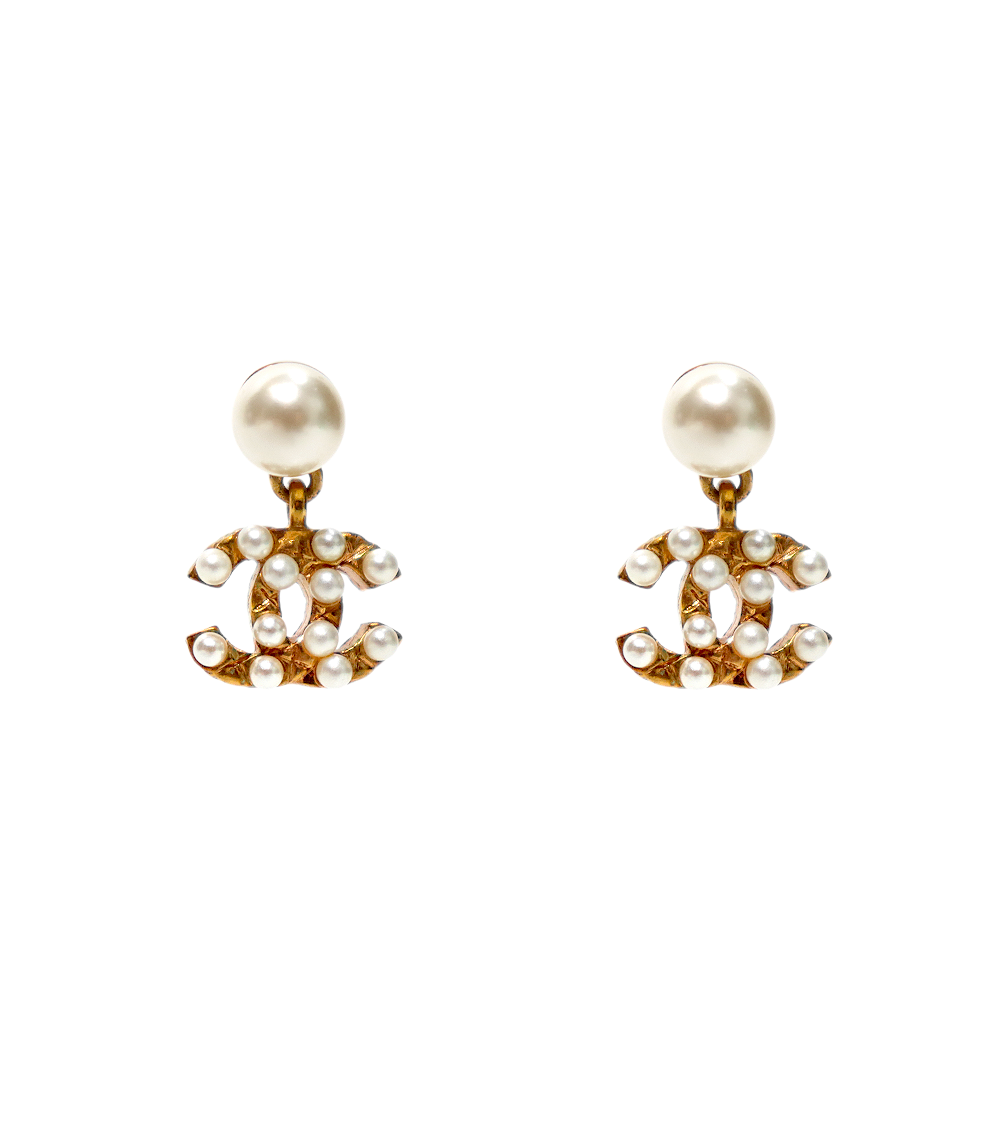 Chanel Pearl CC Drop Gold Earrings