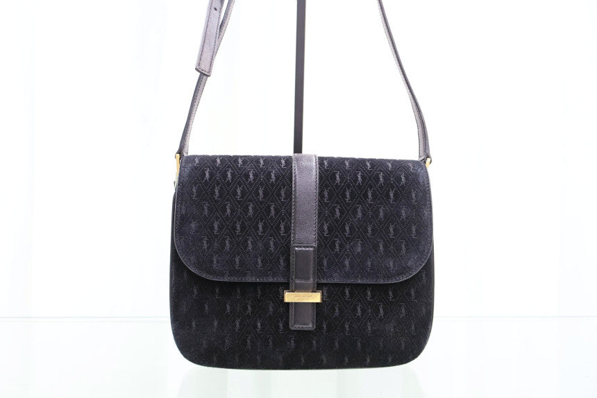 Monogram Small Velvet Satchel Crossbody Shoulder Bag Black 568604